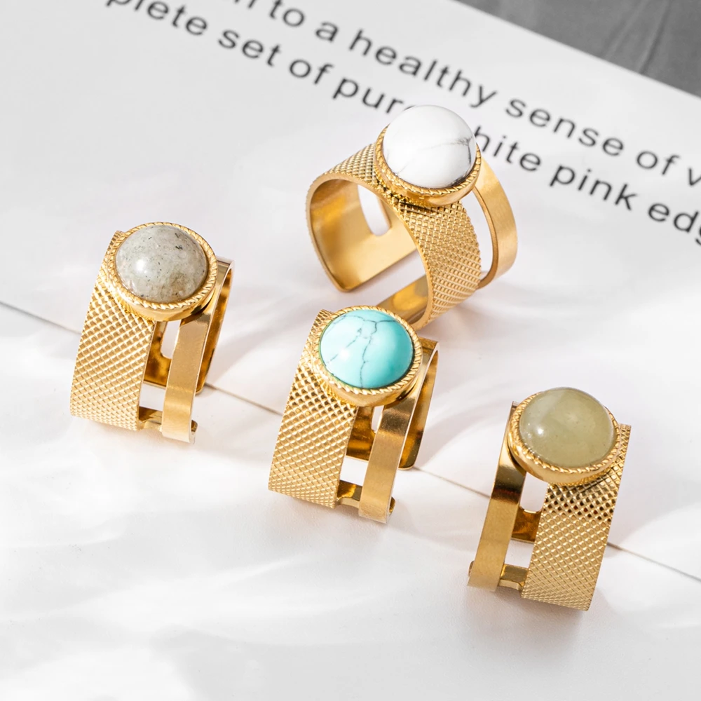

WILD & FREE Boho Stainless Steel Rings For Women Glamour Trendy Gold Color Inlaid Natural Stone Statement Jewelry