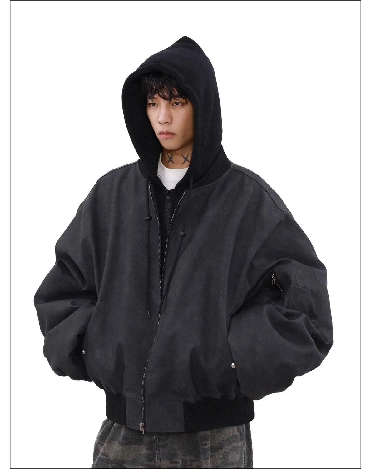 Hooded Fake Two-Piece Jacket Top For Men Women PU Leather Retro Casual Heavy Industry Puffs Handsome Loose Jacket