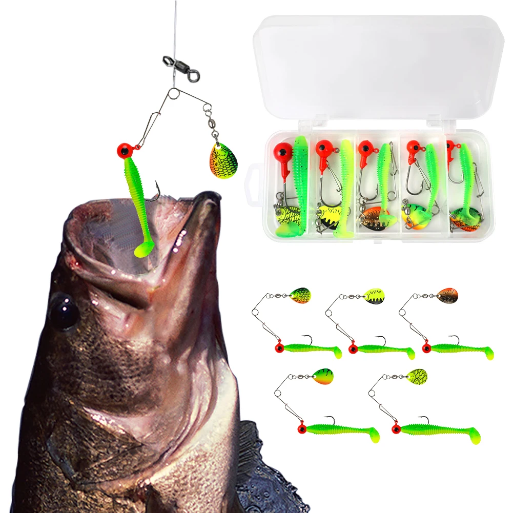

5pcs Soft Fishing Lures Kit Artificial Bait Worm with Metal Jig Head Hook & Spinner Spoon Soft Bait for Pike Bass Fishing