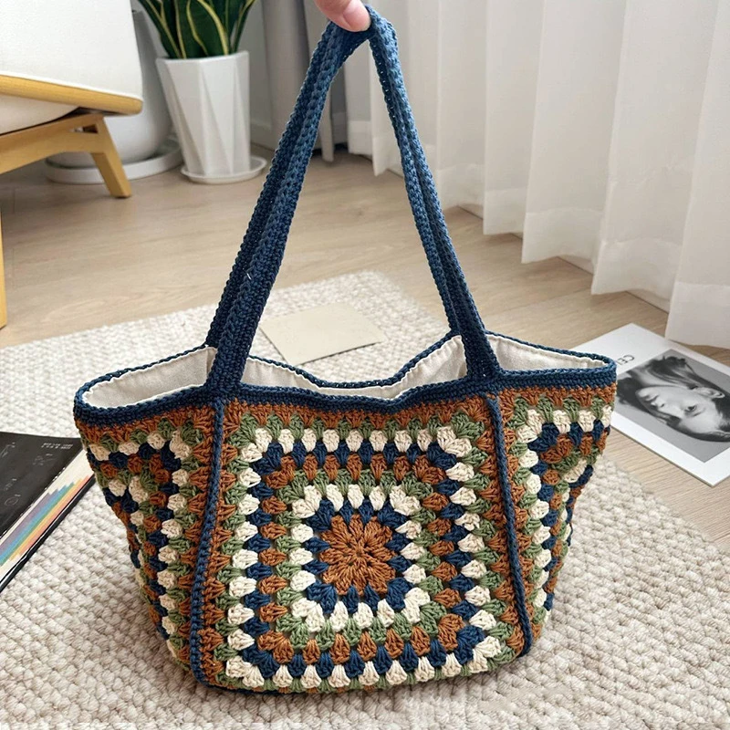 

Bohemian Crochet Woven Bags for Women Handmade Knitted Shoulder Bag Summer Travel Designer Handbags Vacation Beach Bags Shopper