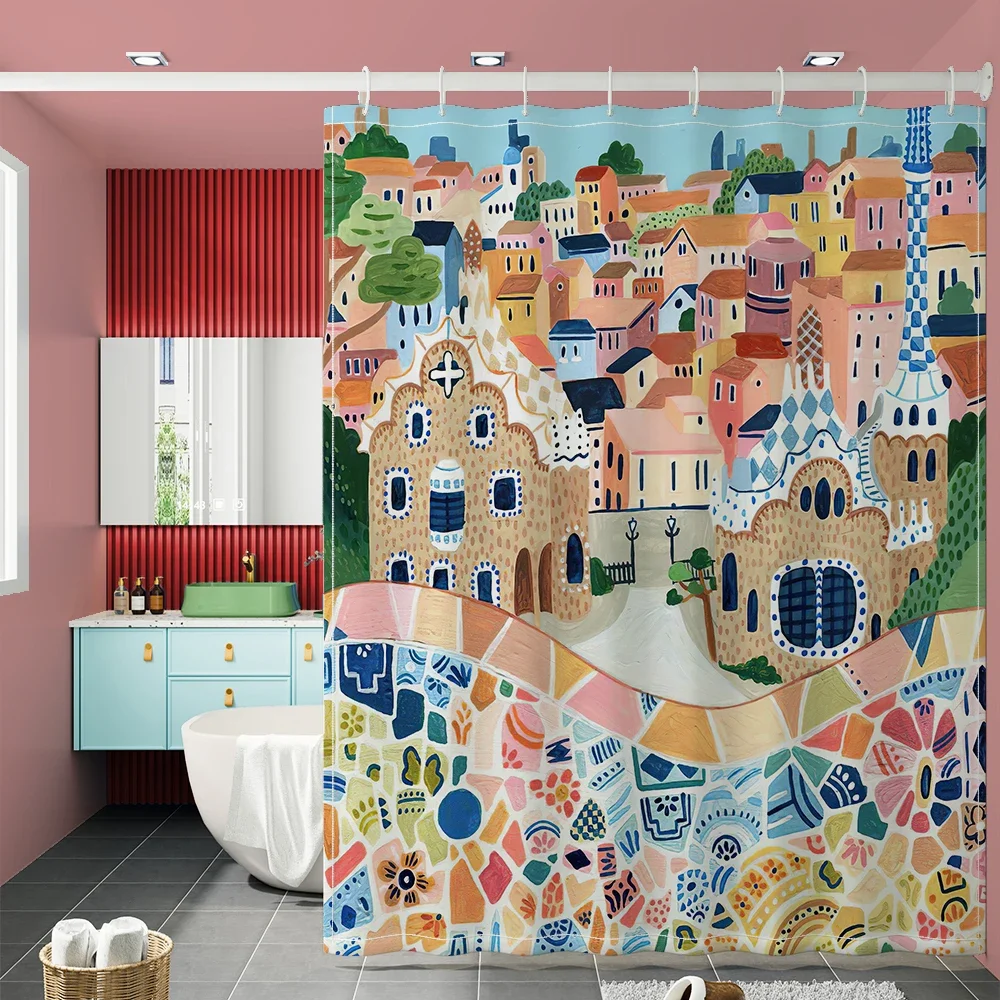 Morandi Town Shower Curtain Nordic Style Mildew Proof Bathroom Curtain Polyester Waterproof Fabric Curtain Bathroom With Hooks