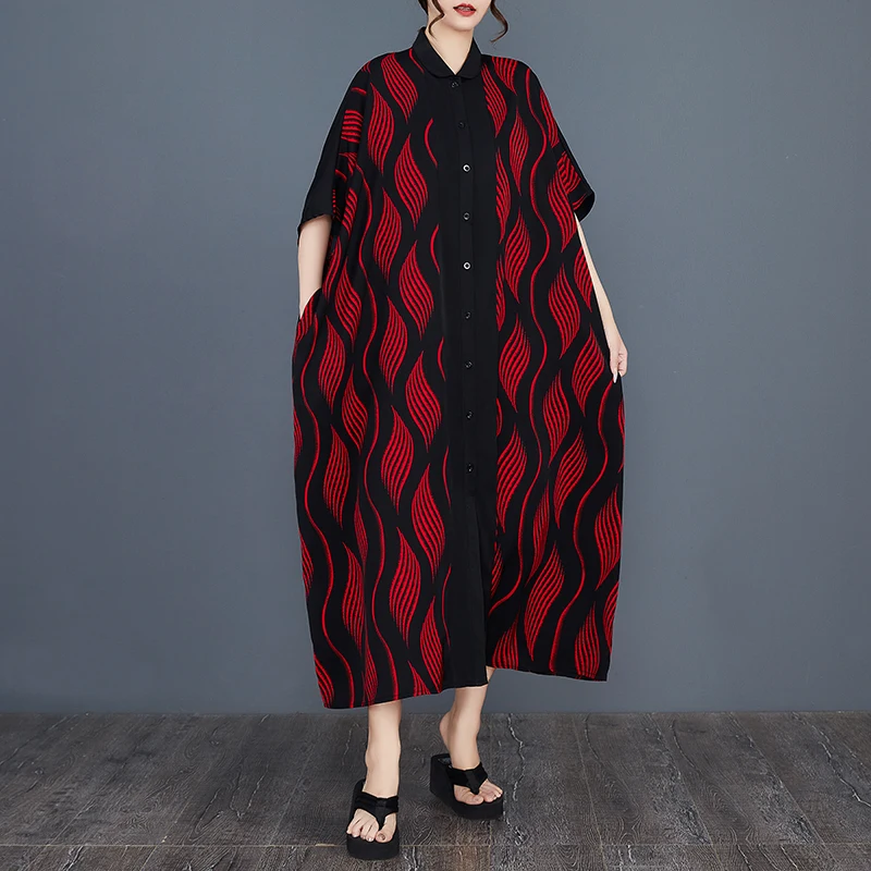 SuperAen Nieuwe 2023 Zomer Loszittende Oversize Mode Bedrukt Shirt Patchwork Single Breasted A-lijn Lange Jurken