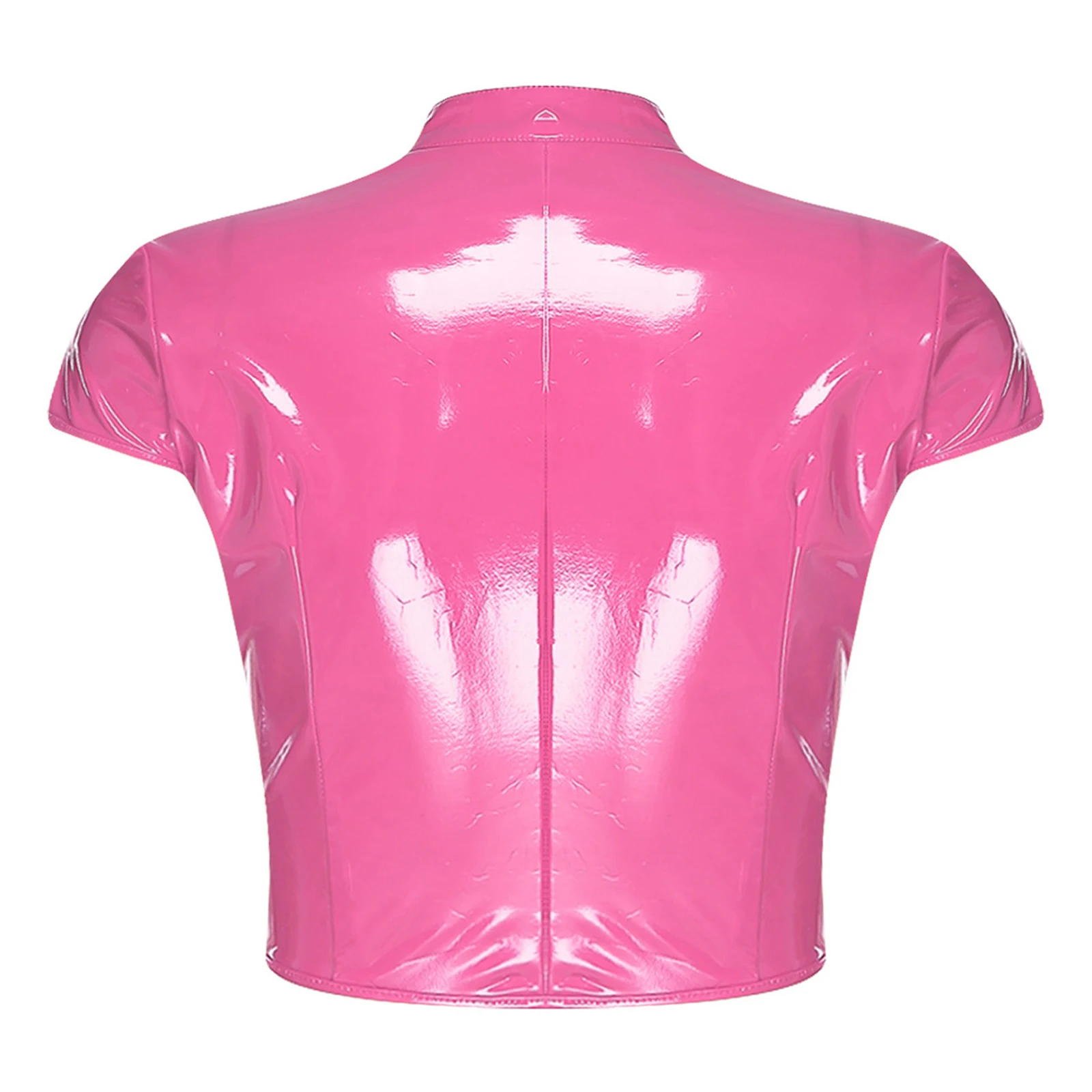 Womens Wet Look PU Leather Latex Crop Top Open Front with Adjustable Buckles Cap Sleeve Crop Corset Glossy Rave Disco Clubwear
