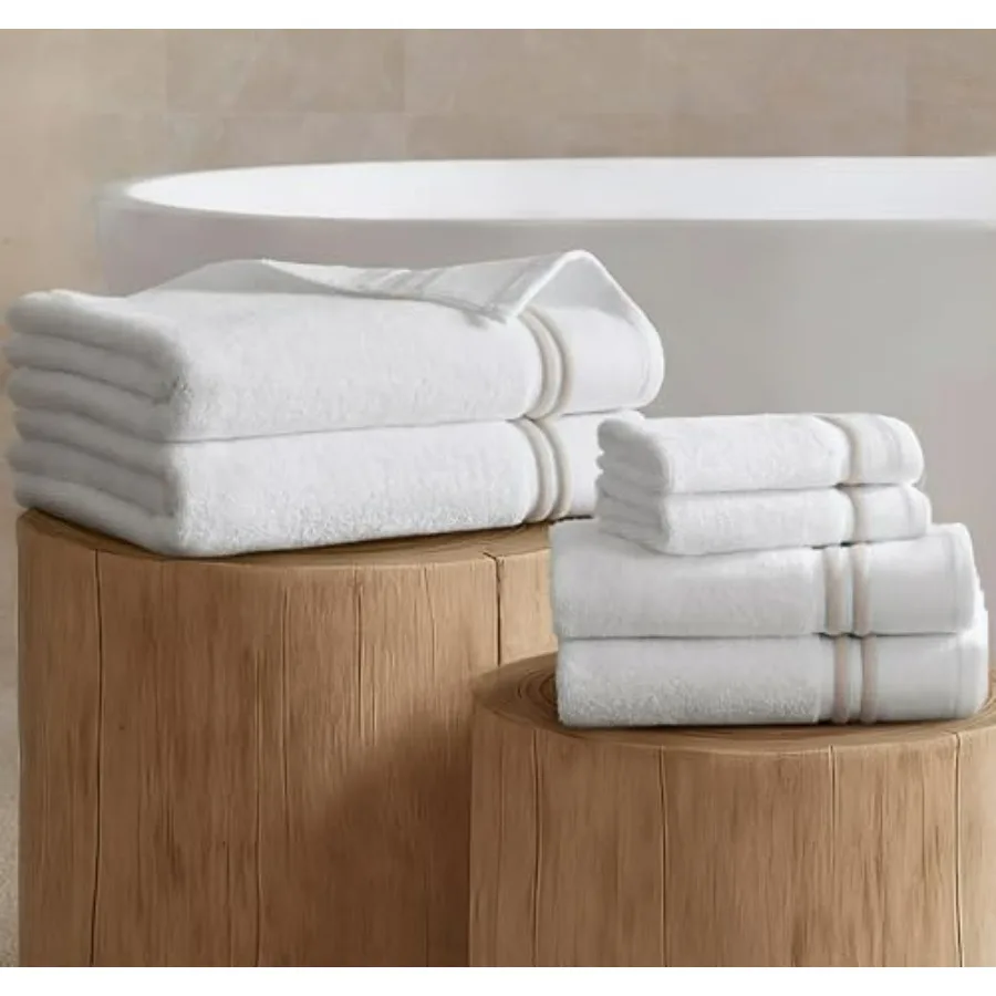 

Bath towel set for bathroom use, 100 cotton terry, beige, 600 GSM highly absorbent quick-dry hotel-style border design