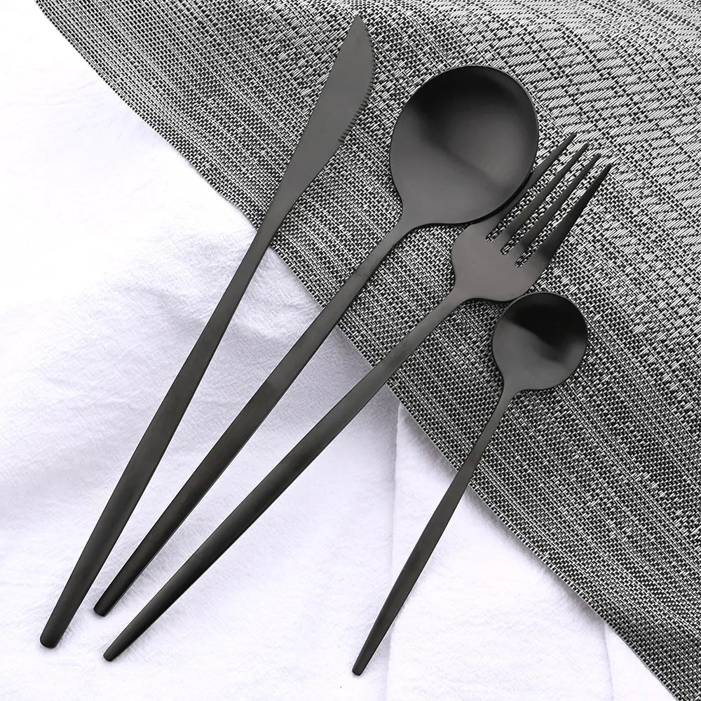 Matte Black Stainless Steel Cutlery Set Knife Fork Soup Dessert Coffee Ice Spoon Complete Dinner Tableware Solid Dinnerware Set