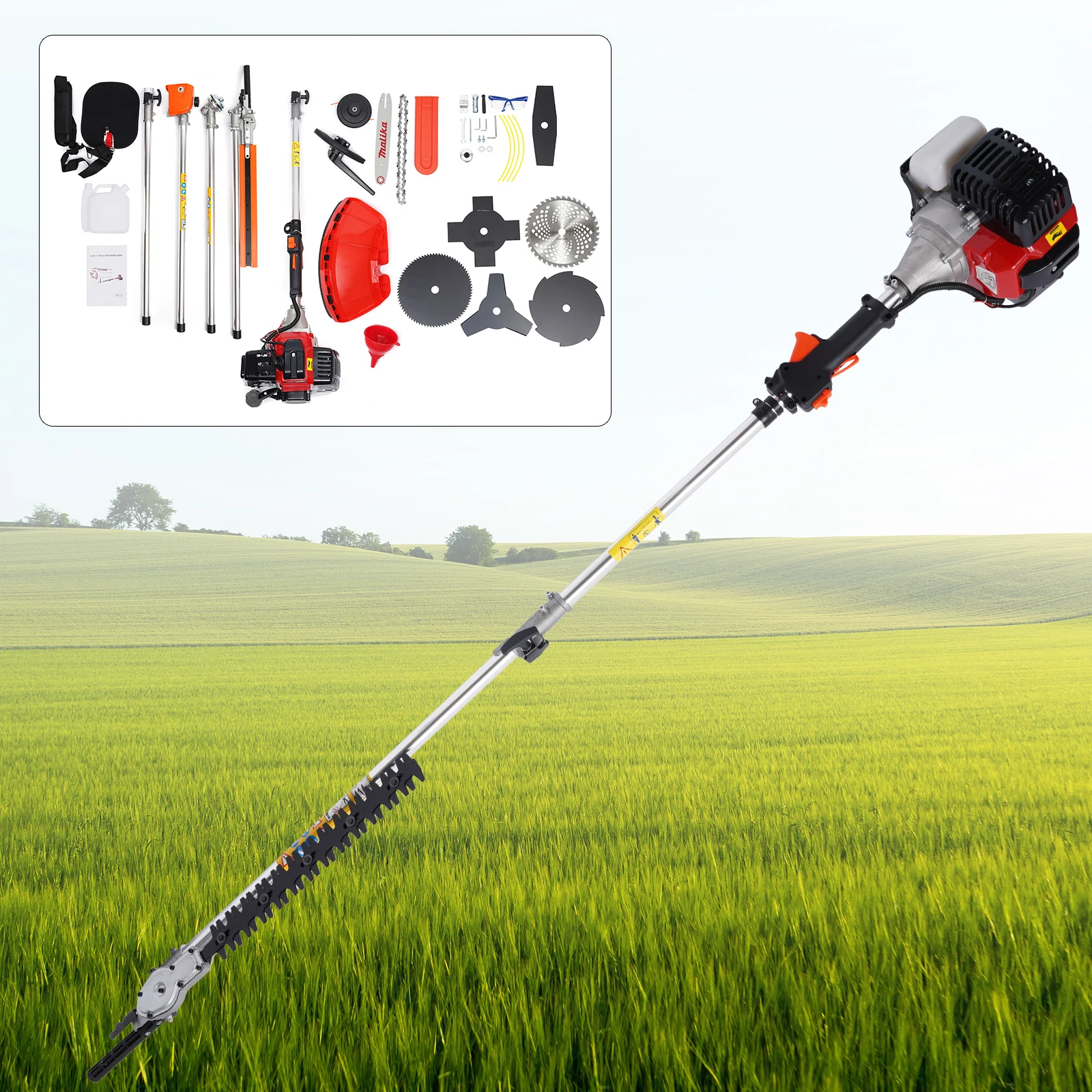 

52cc 2-Stroke Hedge Strimmer Gasoline Brush Cutter Grass Wacker Weed Eater Lawn Mower Yard Pruner 10 in 1