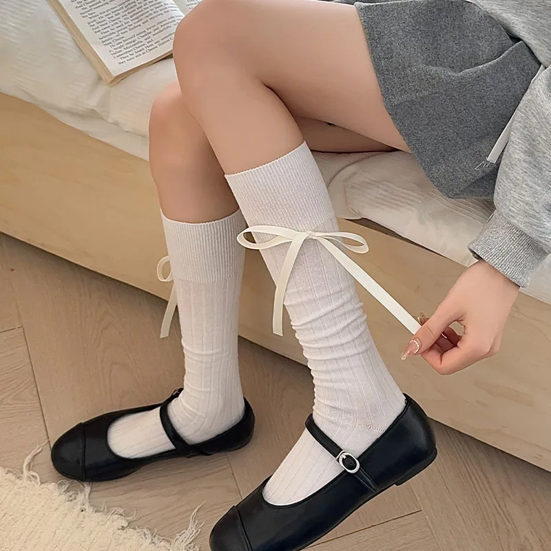 

Japanese Kawaii Calf-Length Girl Sock Solid Color Vertical Striped Over-Knee Sock with Ribbon Bow Versatile Cute Schoolgirl Sock