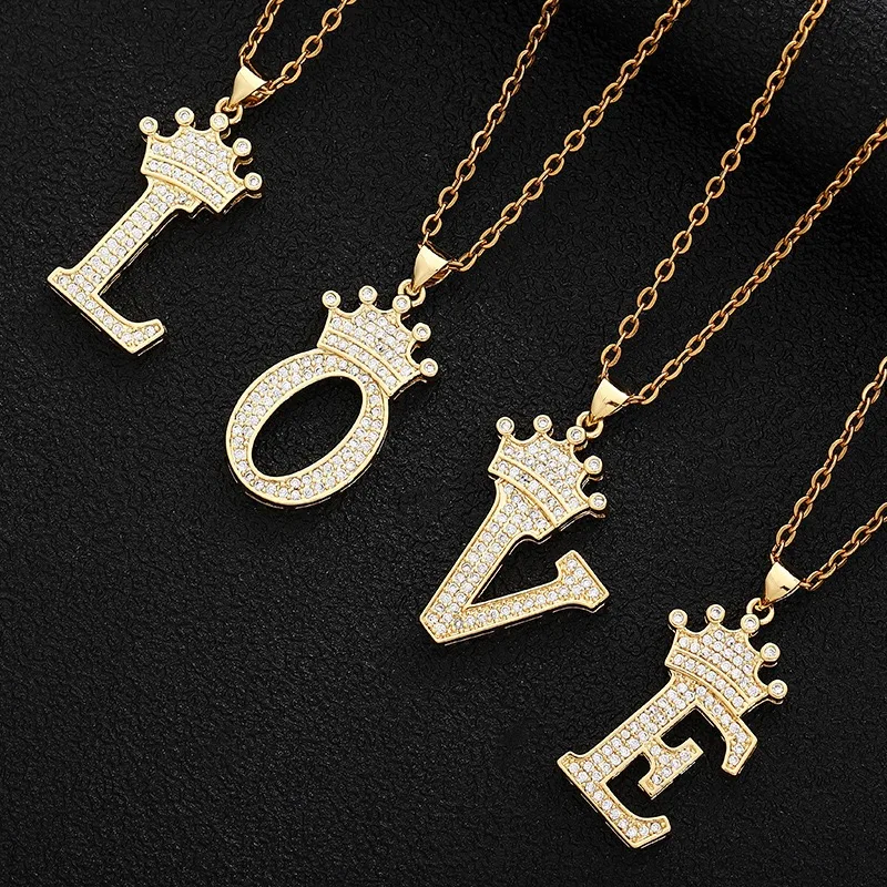 New Personalized Crown Letter Pendant Hip Hop Fashion High Grade Copper Necklace Unisex Jewelry