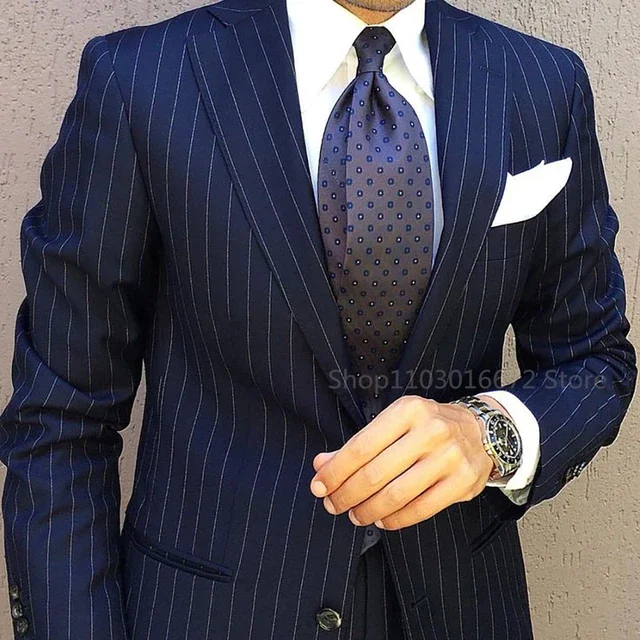 2 Piece Navy Blue Striped Wedding Suits for Men Notch Lapel Groom Tuxedos Business Costume Homme Prom Party Suits Blazer+Pants