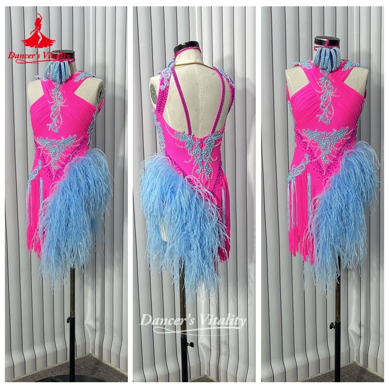 Adult&Teenagers Rose Color Latin Feather Style Dress Women Chacha Salsa Competition&Perform Clothing Customize Dancer's Vitality