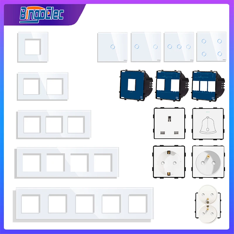 Bingoelec DIY Series White Glass Panel Wall Switch EU French electrical outlets USB socket TV Touch Module DIY