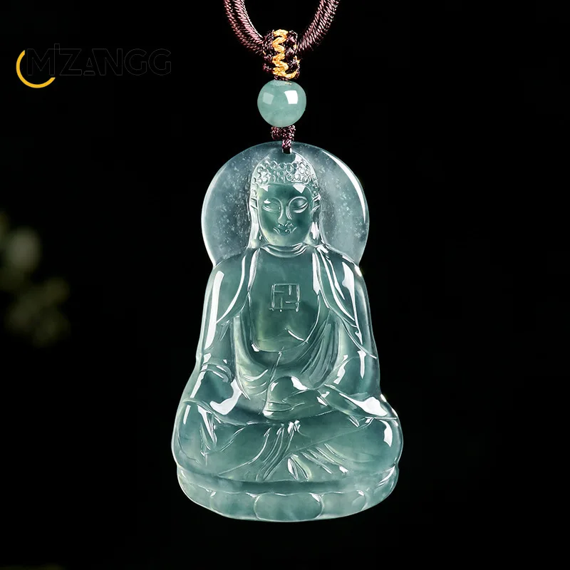 

Natural A-goods Jadeite Blue Water Amitabha Pendant Fashion High-grade Ice Glutinous Jade Necklace Men and Women Holiday Gift
