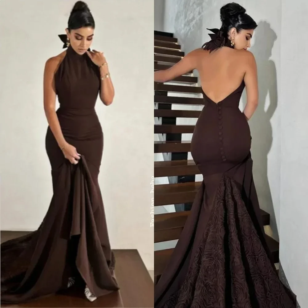 Customized Elegant Jersey Pleat Mermaid Halter Long Dresses Evening Dresses Classic Exquisite Modern Style Pastrol Unisex Chines