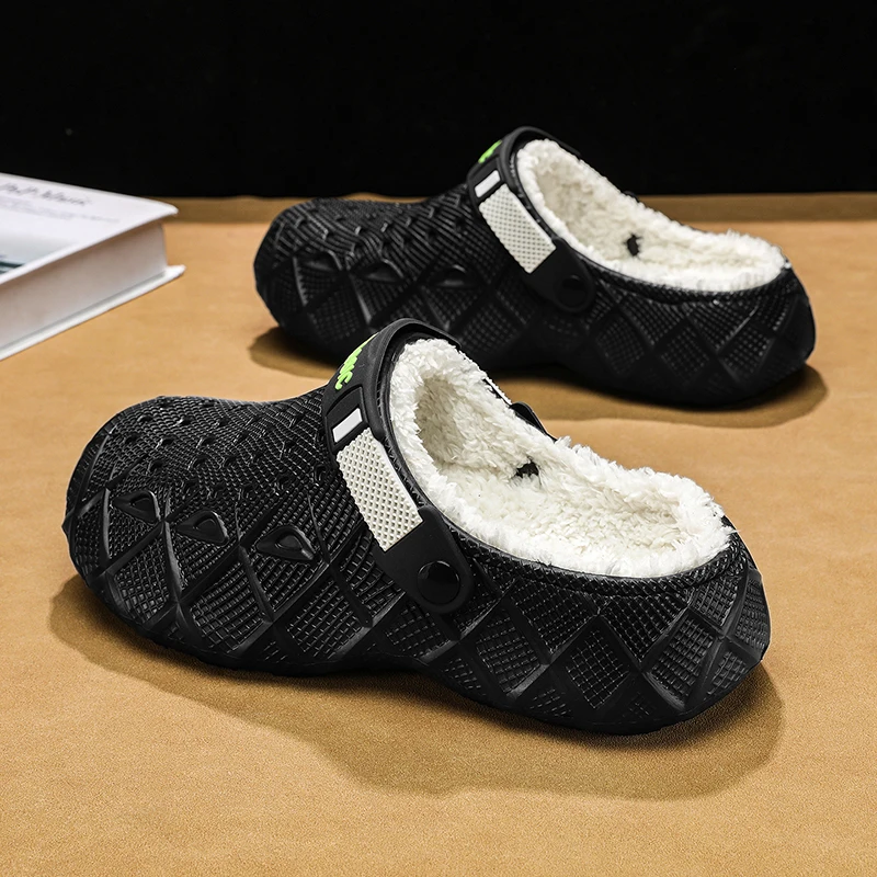 Unisex Winter Warm Clogs Diamond Textured Shell Plush Lined Slippers Convertible Strap Slip On Mules Indoor Outdoor Shoes