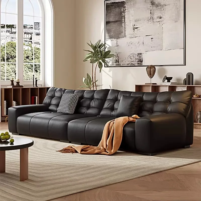 Cowhide sofa small apartment living room modern simple black leather sofa