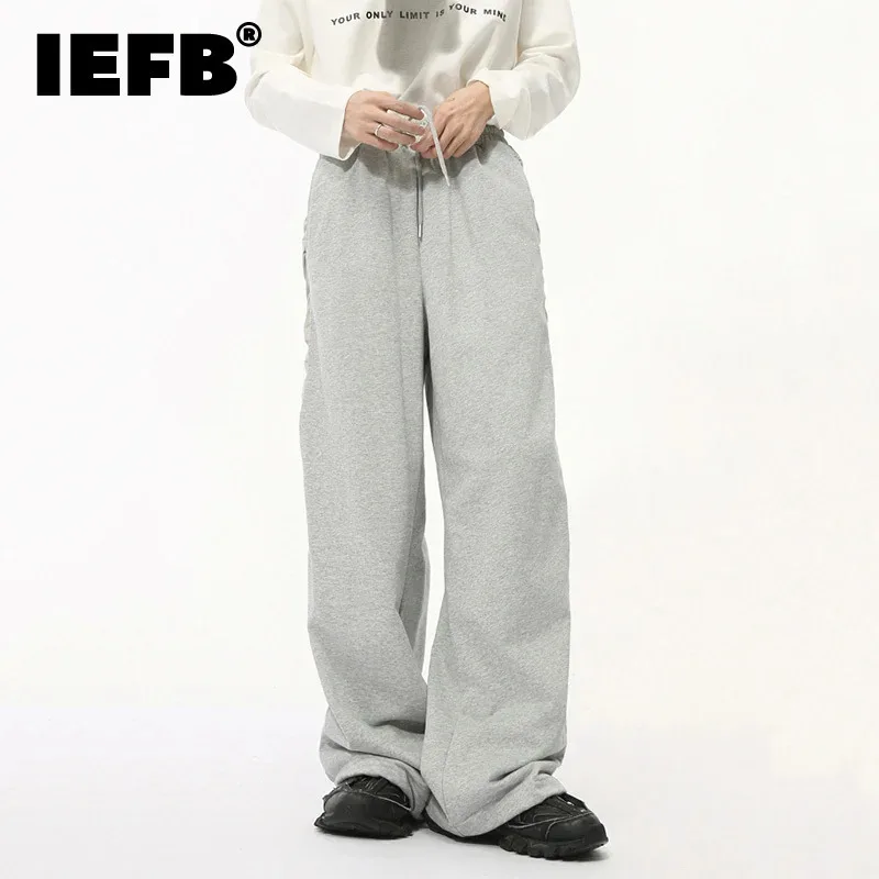 IEFB Niche Design Men's Sweatshirt Patchwork Drawstring Elastic Waist Solid Color Straight Wide Leg Loose Male Trousers 9C7752