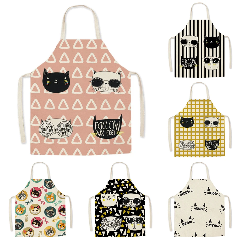 Kitchen cooking baking anti-fouling bib simple cute cat linen apron home cleaning sleeveless apron 68x55cm