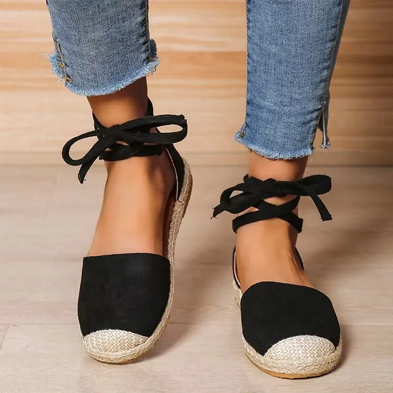 Handmade Women\'s Flat Shoes 2024 Bohemian Style Women\'s Casual Lace-up Shoes Linen Retro Summer Flats Sandals Zapatos De Mujer