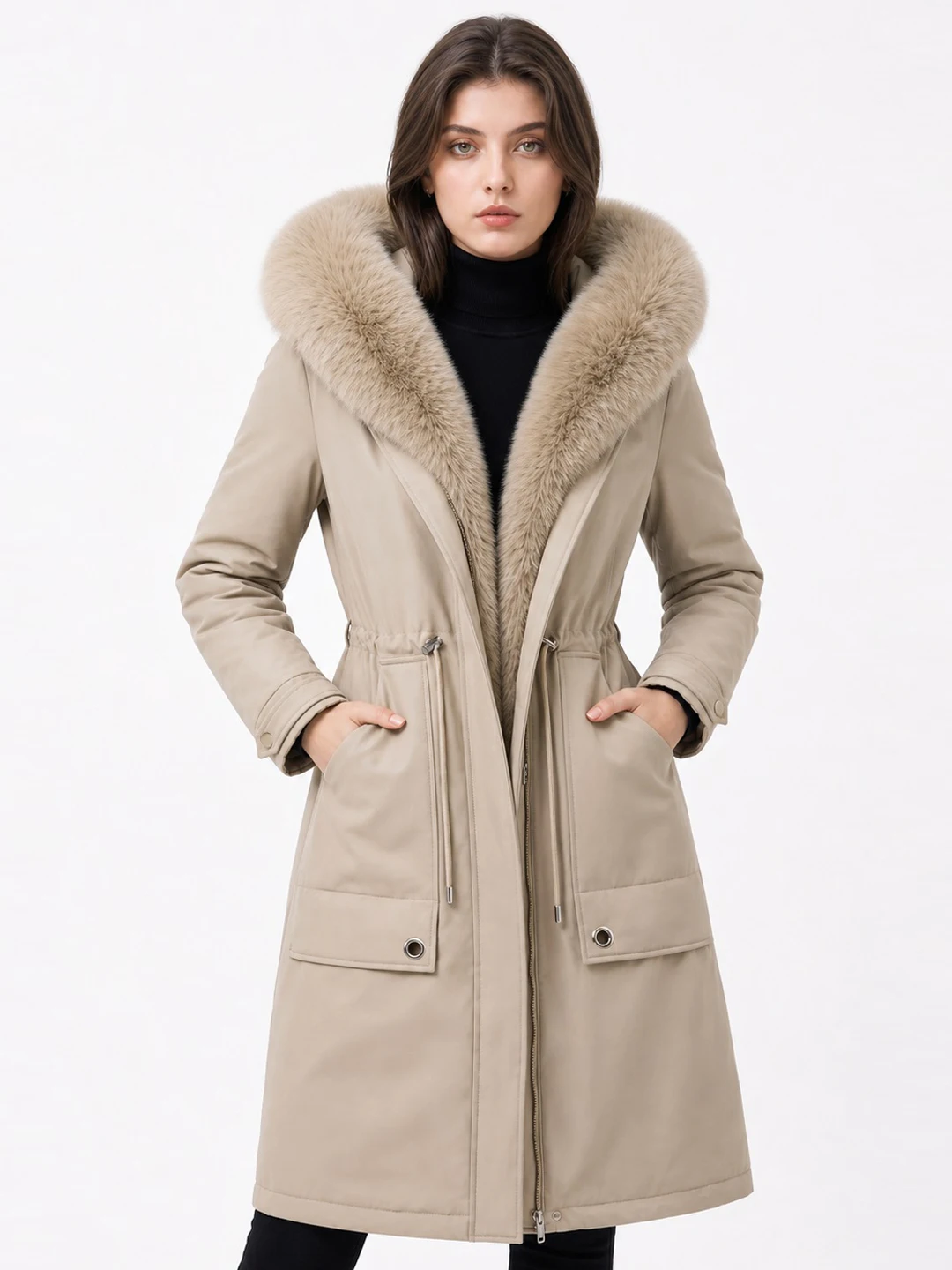 Thickened Fleece Women's Parka Coat with Big Fur Collar Double-Sided Wear Warm Waist-Cinching Cotton Jacket for Winter