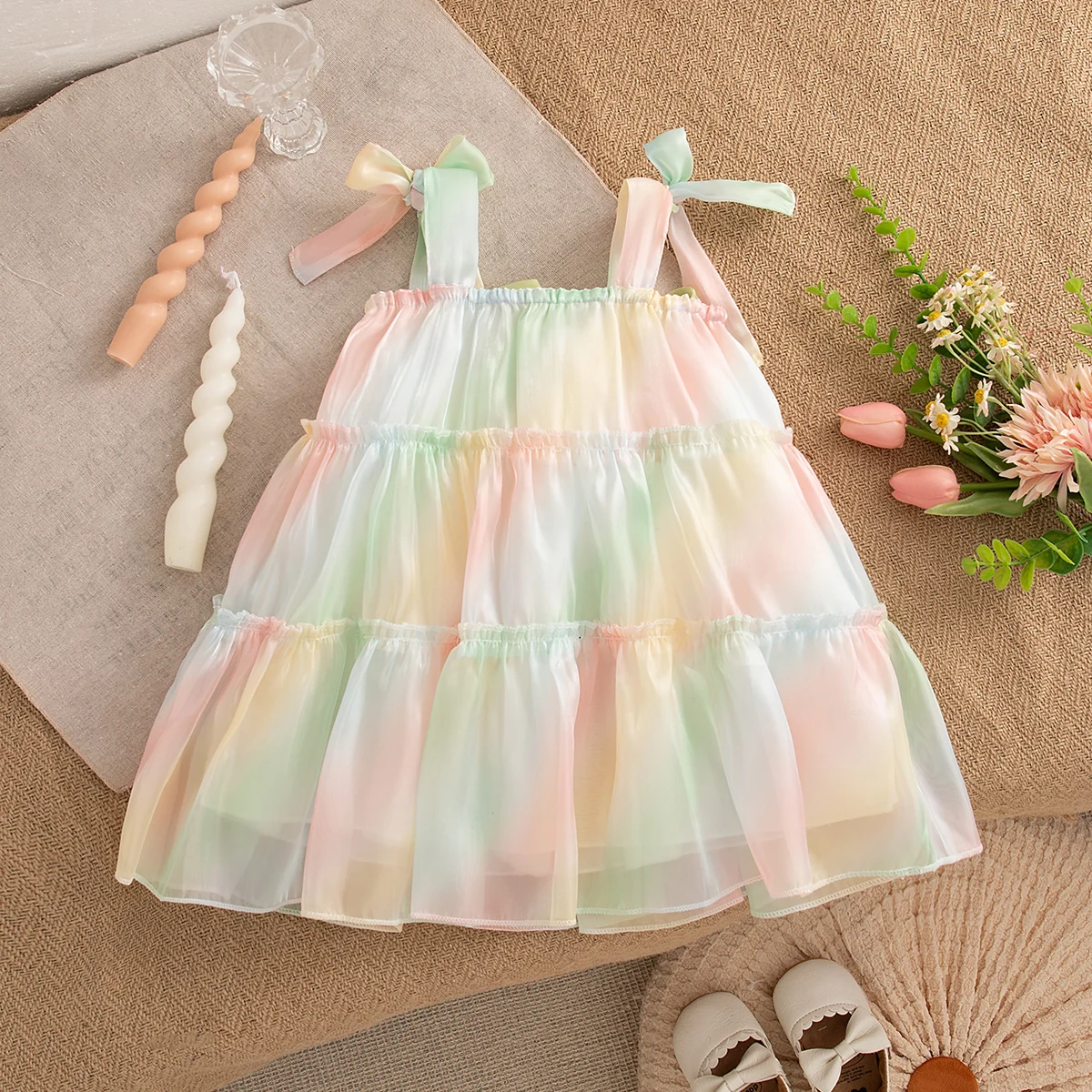 Summer New Colorful Tie Dye Sling Baby Girl Dress, Sweet Flower Children'S Clothing For Babies Aged 9 Months To 4 Years Old