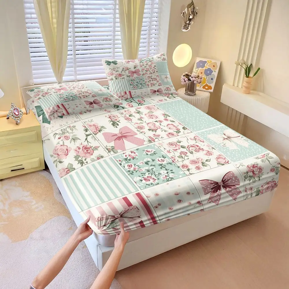 Pink Rose Bow Patchwork Fitted Sheet Set Bed Sheet Set Bedding Set No Fillers Gentle Girly Adult Bedroom Sheet Kit