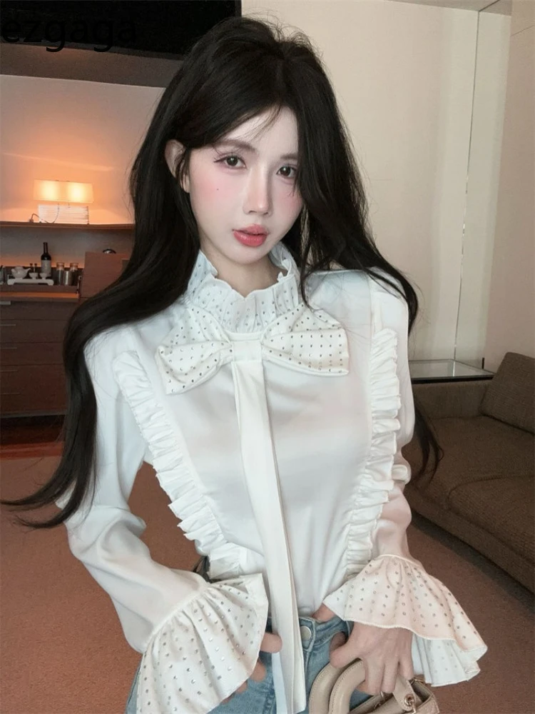 

Ezgaga Women Blouse Bow Ruffled Collar Flare Long Sleeve Slim French Style Chic Elegant Sweet Shirts Spring Fashion Female Tops