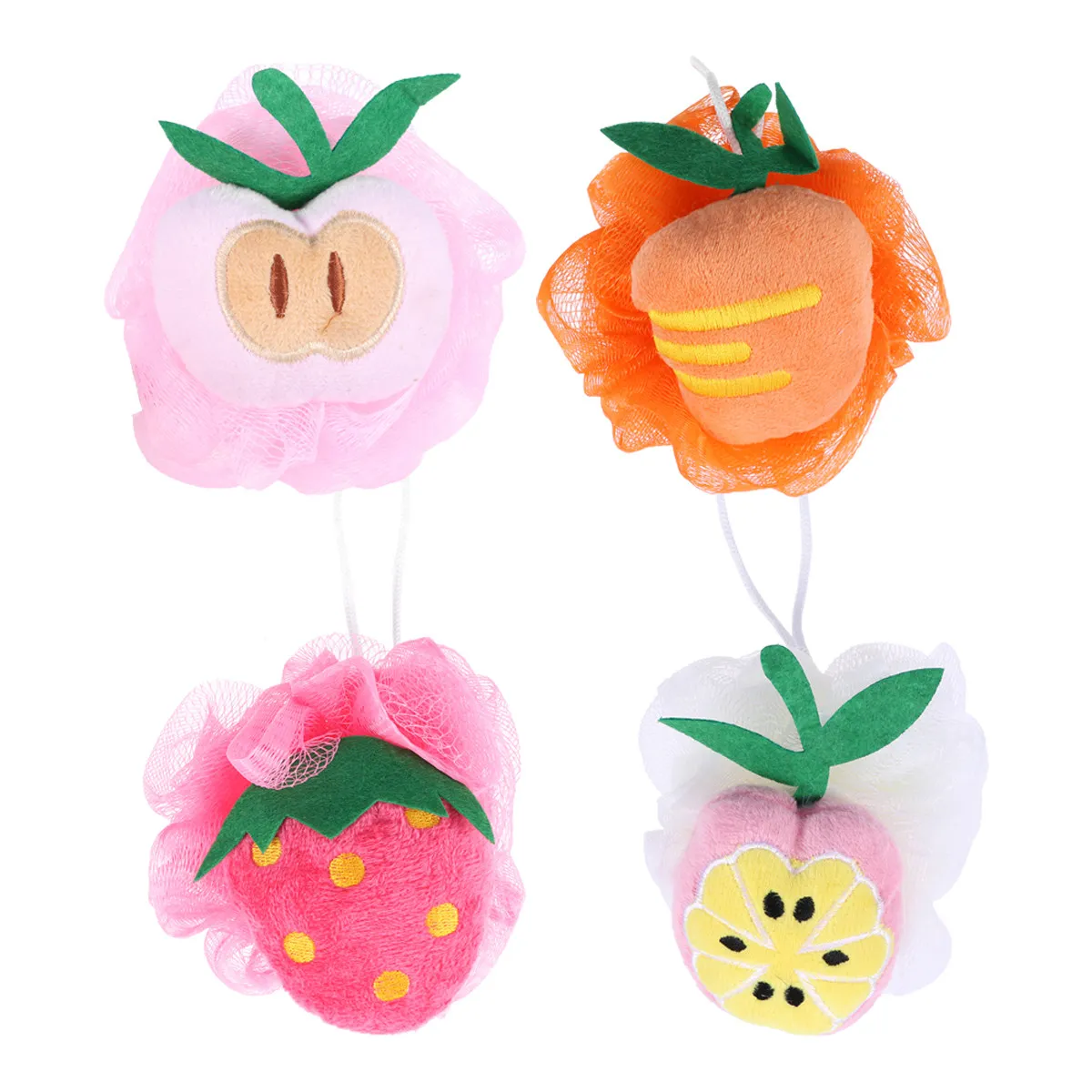 4Pcs Colorful Fruit Shape Bath Ball Mesh Pouf Soft Shower Ball Quick Dry Body Scrubber for Rich Lather Bathing Strawberry Peach