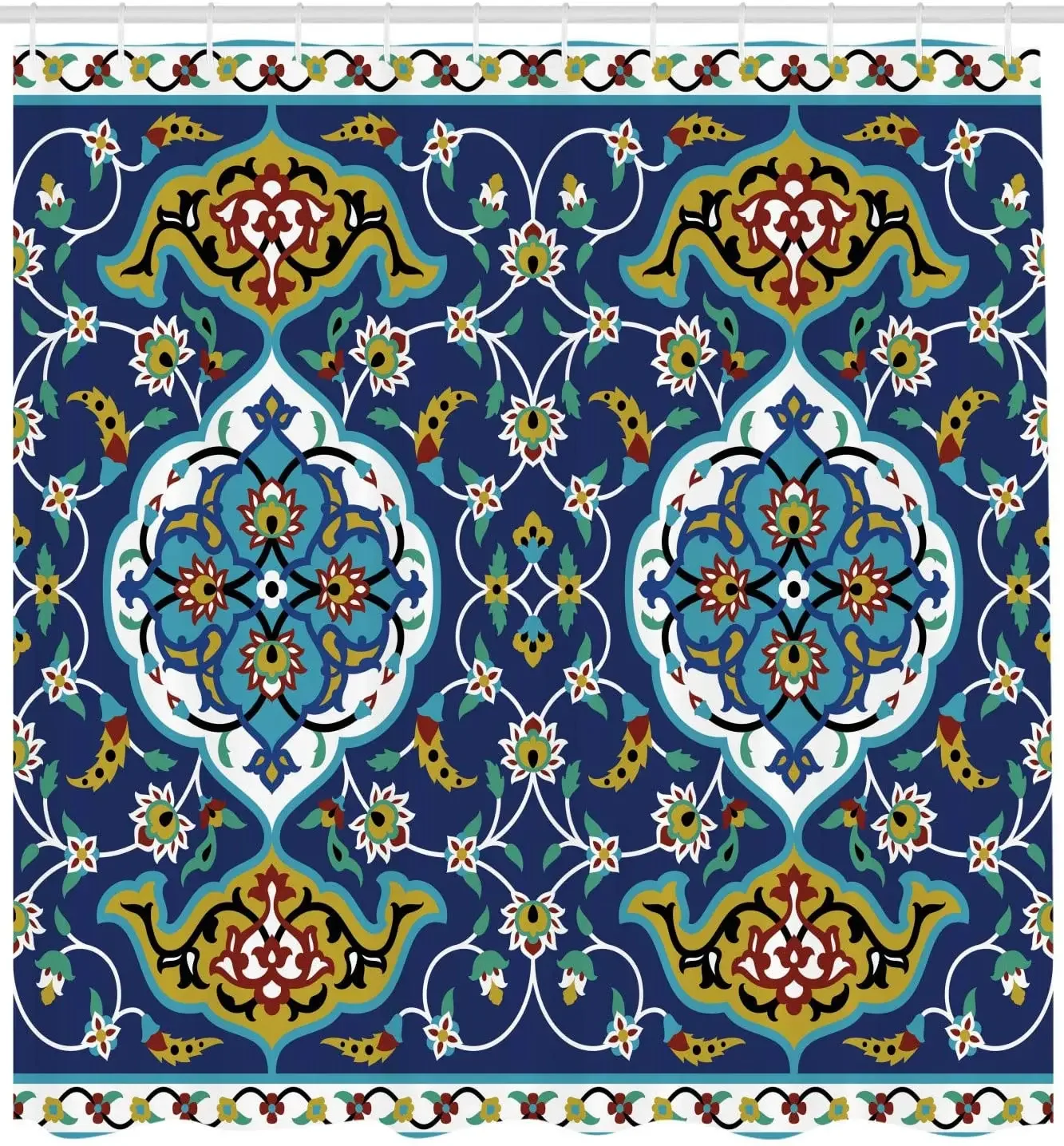 Motif with Vintage Byzantine Style Tile Effects Artwork Cloth Fabric Bathroom Decor Set with Hooks