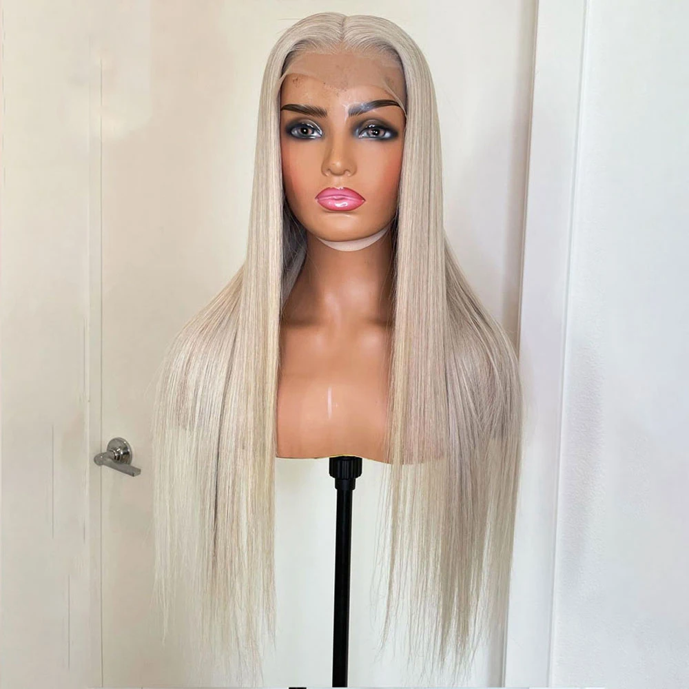 شعر مستعار ناعم 26 بوصة أشقر رمادي مستقيم 180 كثافة طويل بدون صمغ باروكة أمامية من الدانتيل للنساء السود مع شعر أطفال مقطوف مسبقًا يوميًا