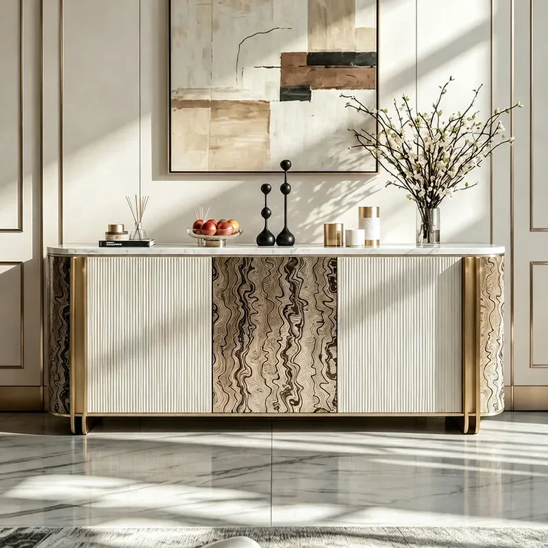 Modern Marble Dining Side Cabinet Living Room Porch Storage Unit High End Burl Wood Locker for Villa Home Decor Furniture