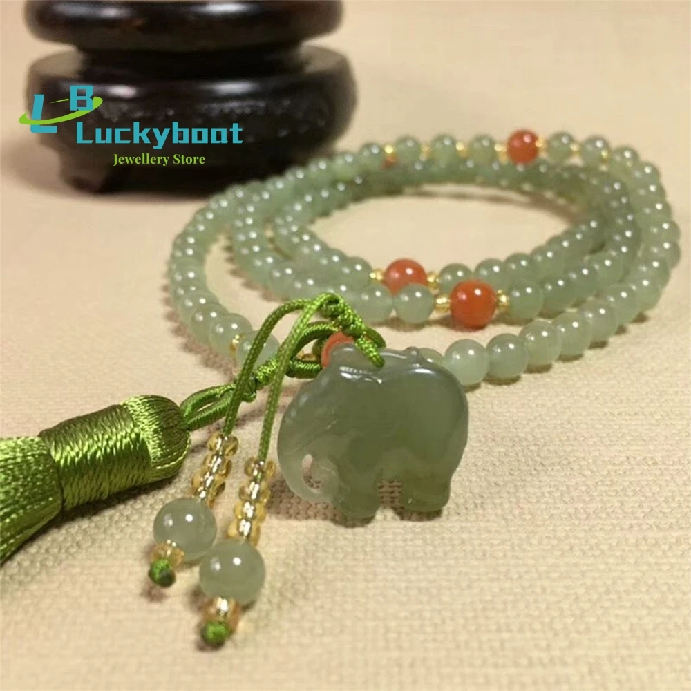 Jade Crafts And Field Oil Cyan 6mm Bead Elephant Ladies Sweater Chain Car Pendant