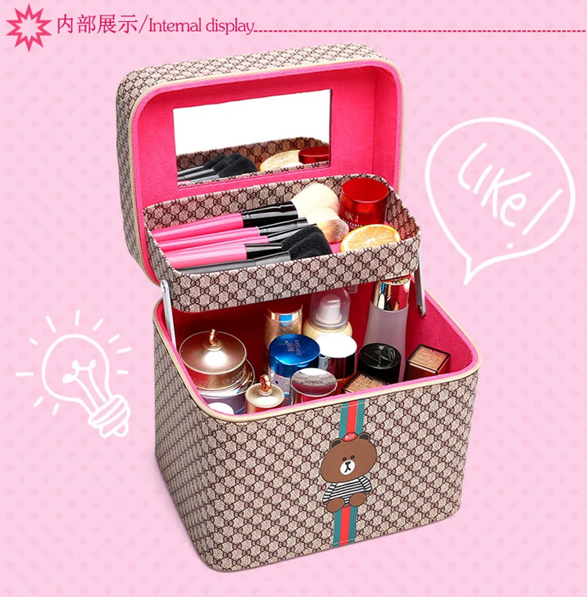 Large capacity new makeup bag Travel portable makeup case Portable high-end PU leather cosmetics storage bag cute bear pattern