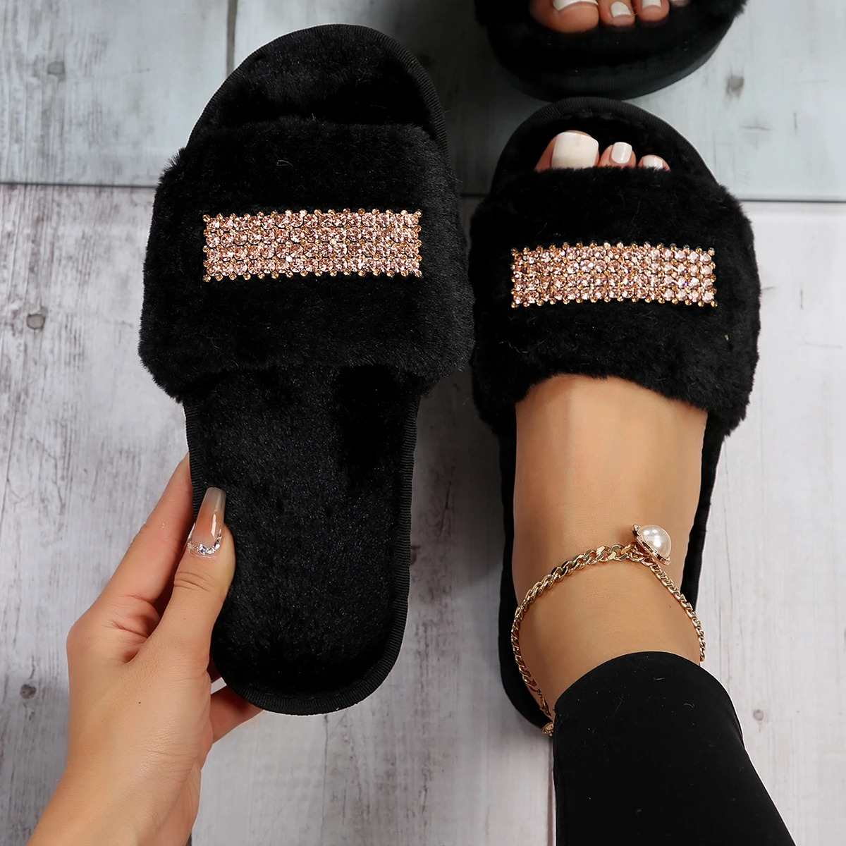 Thick Fluffy Fur Slippers Women 2024 New Winter House Warm Furry Slippers Women Flip Flops Home Slides Flat Indoor Floor Shoes