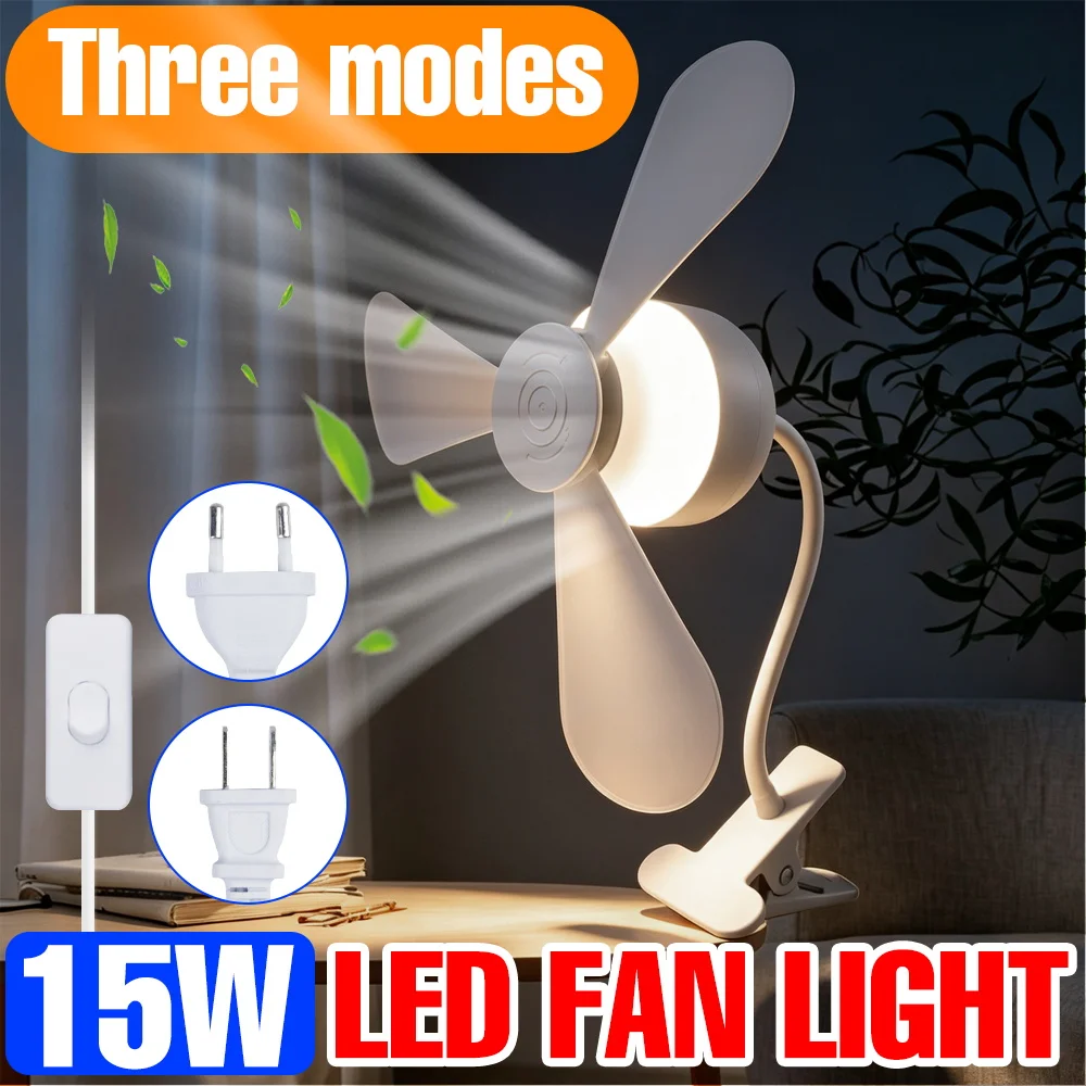 15W LED Clip On Fan Light Flexible Gooseneck Table Lamp US/EU Plug For Dorm Study Room Desktop Reading Eye Rrotection Nightlight
