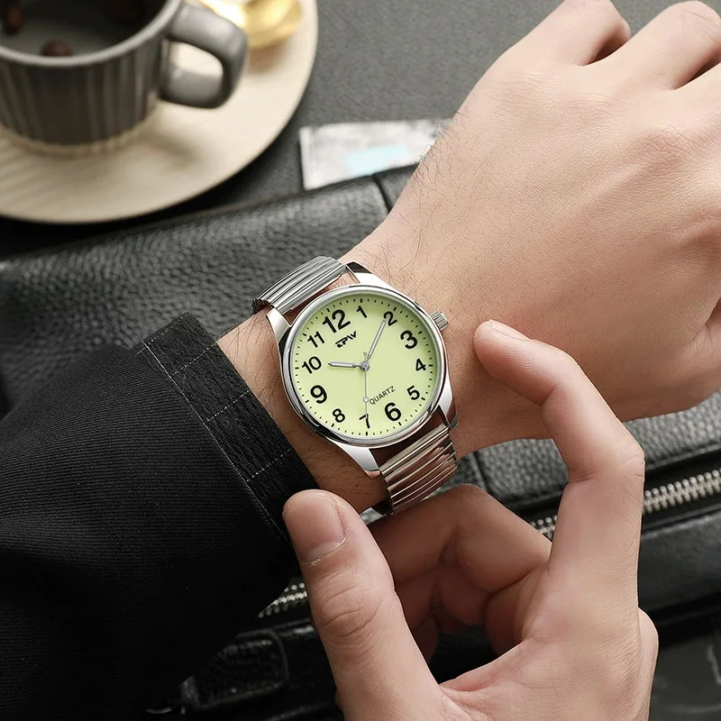 Elastic Band Elderly Watch Mineral Glass Quartz 30M Waterproof Glow in the Dark Watch Face Easy Read Dial Men Women Unisex Clock
