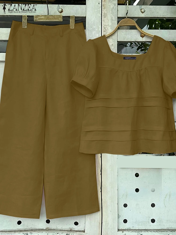 

ZANZEA Wide Leg Pants Square Neck Short Puff Sleeve Blouses 2PCS Outfits Vacation Casual Solid Womens Pant Sets 2 Piece Sets
