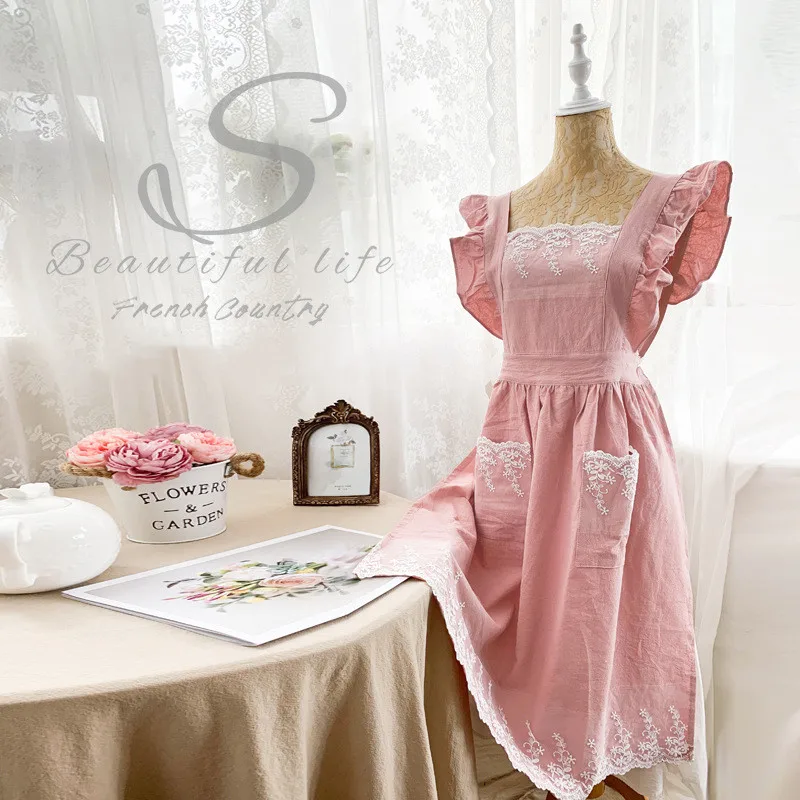 New Apron Women's Work Clothes Fashion High-end Smock Kitchen Home Lace Out Princess Pink Apron Apron Kitchen Maid Apron