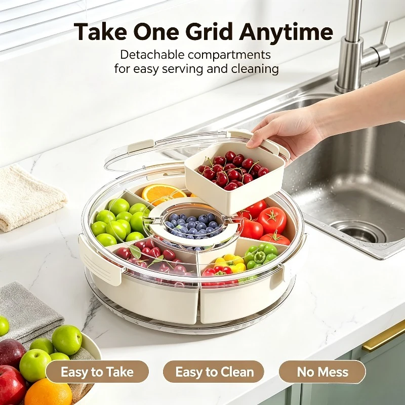 New Kitchen 6-point Grid with Handle Sealable Fruit and Spice Storage Box Transparent Dried Fruit Snack Tray Fresh-keeping Box