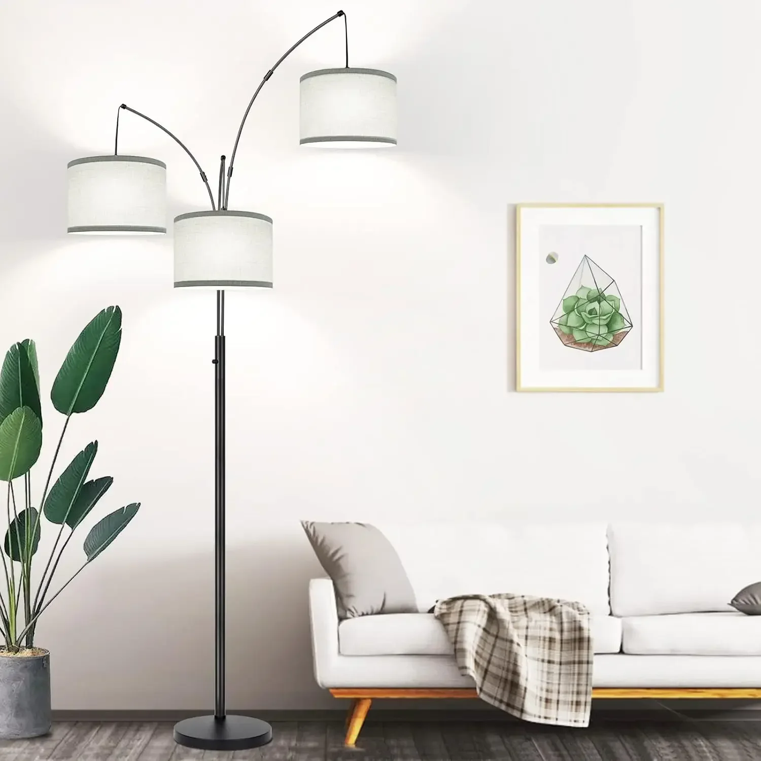 Floor Lamp - 3 Lights Arc Floor Lamps for Living Room, 1000LM Modern Tall Standing Lamp With Gray Shades & Heavy Base, Mid Centu