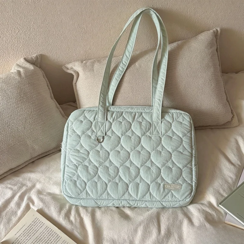 Cute Korean Ins Quilted Laptop Shoulder Bag, Embroidered Heart Large Capacity Ladies Computer Tote Bag for 13 14 15 Inch MacBook