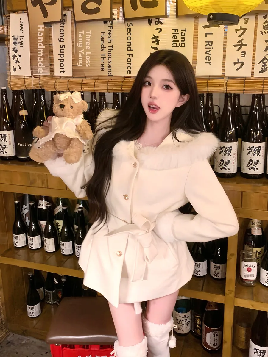 

Sweet Sle Woolen Coat New Waist-Cinching Design Hooded Fluffy Outerwear Korean Drama Main Character ebyj Milk White