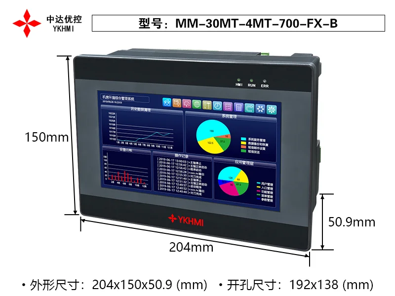 YKHMI 7 Inch PLC HMI All-In-One 4AD 2DA, 16Input 14Output, 2Pulse 100KHz and  2NTC10K