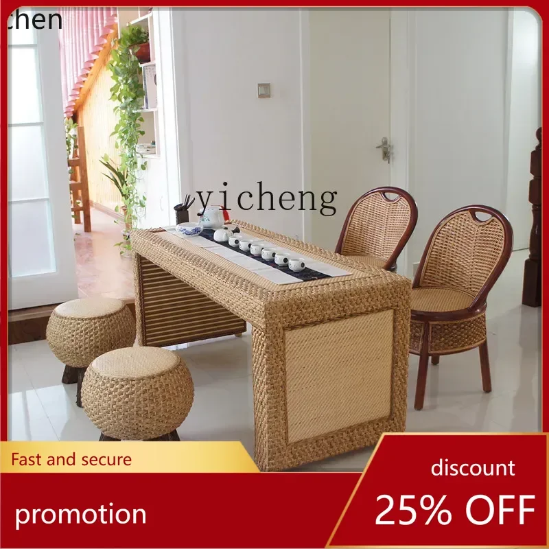 

HXL rattan balcony coffee table and chair combination living room tea pastoral zen simple creative platform tea table