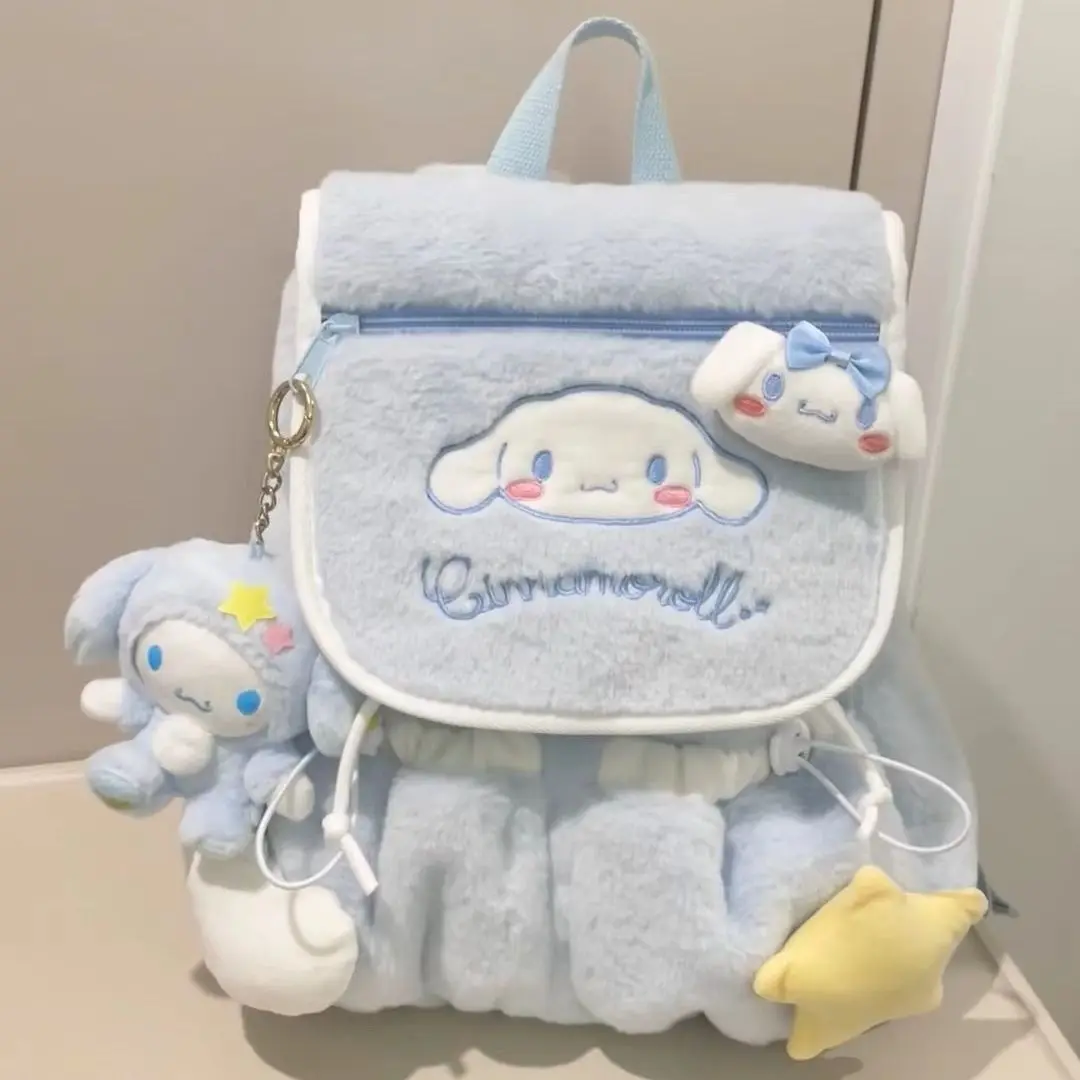 New Sanrio Hello Kitty Cinnamoroll Cute Large Capacity Fluffy Backpack for Students Women\'s Outing Travel Plush Fuzzy Bag