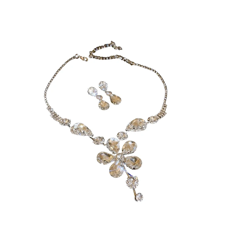Grote waterdruppel bloem ketting oorbellen set glanzende vol strass ketting voor vrouwen bruids bruiloft sieraden sets - afbeelding 2