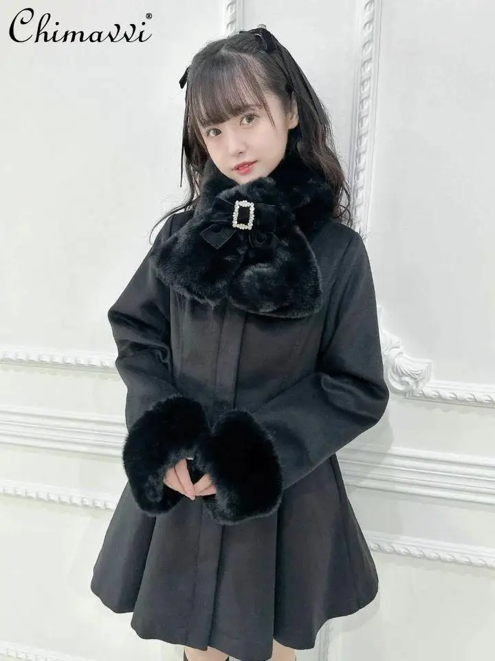 

Sweet Rojita Woolen Coat Jacket New Autumn and Winter Japanese Girl Female Cute Plush Straps Pearl Slim Lolita Long Overcoat