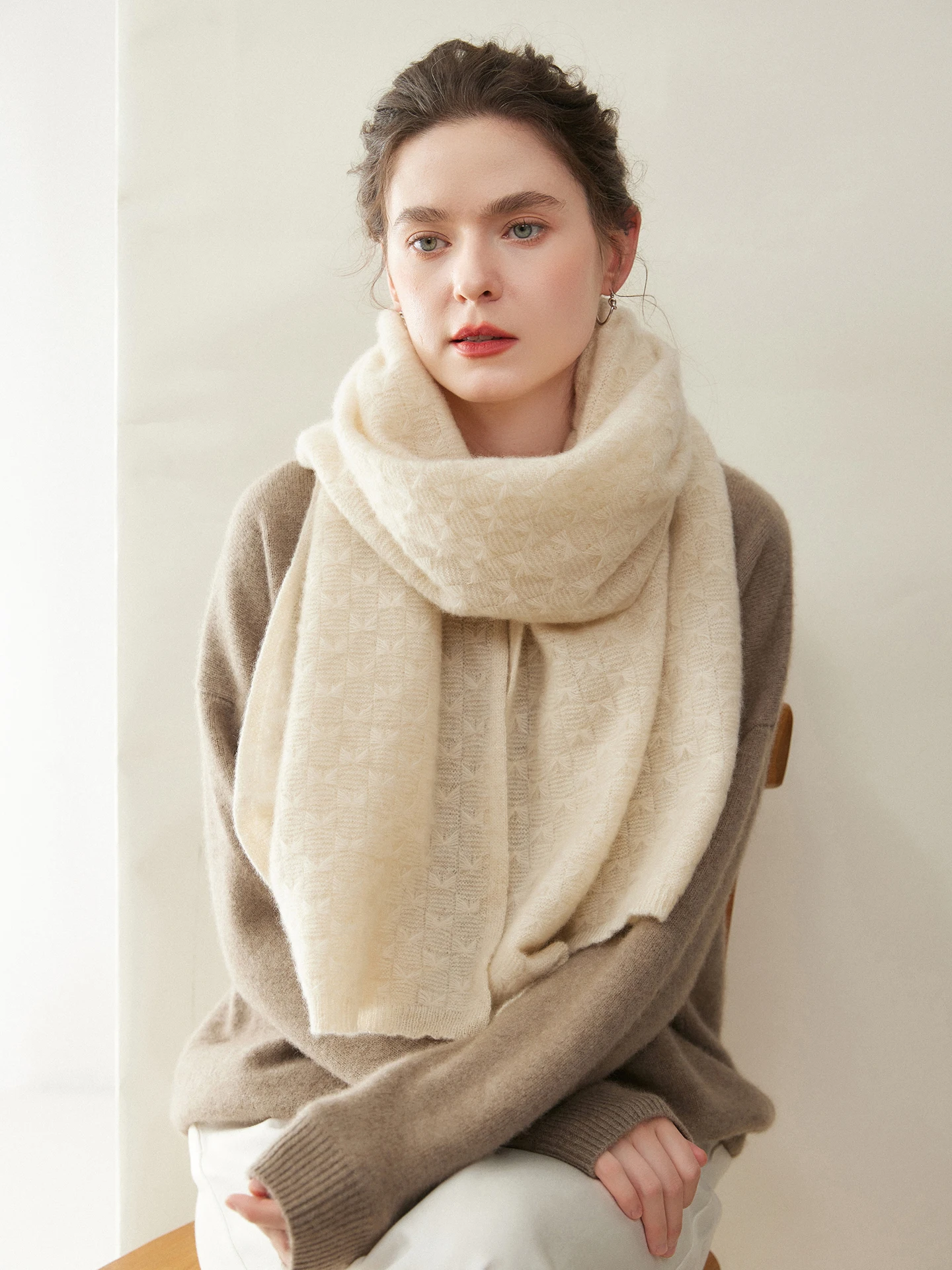 Women's 100%Natural Cashmere Scarf Winter Warm Shawl Causal Solid Color Jacquard Knitted Stole Fashion Long Scarves Outdoor