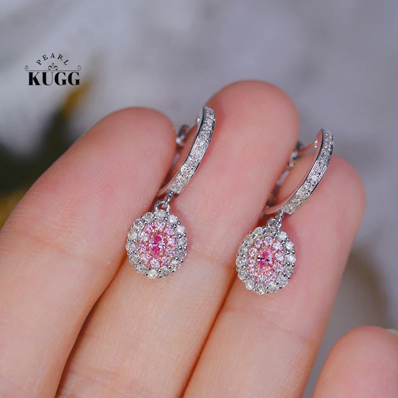 KUGG-Brincos de ouro branco para mulheres, 100% 18K, estilo elegante brilhante, aro natural real com diamante rosa, joias para casamento