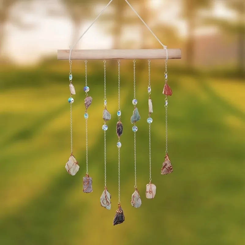 Room Aerial Wooden Stick Hanging Decoration Ornament Natural Raw Stone Wind Chime Dream Catcher