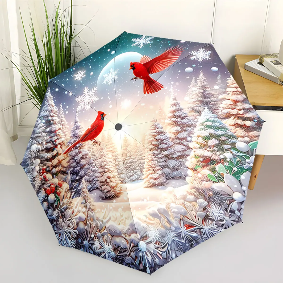 Winter Forest Scene with Red Birds and Snowflakes portable waterproof sun rain umbrella for outdoor travel beach